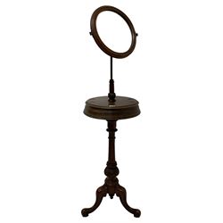 Victorian mahogany gentleman's shaving stand, one circular mirror over two drawers, raised on a turned and reeded column, leading into three splayed and scrolled supports  