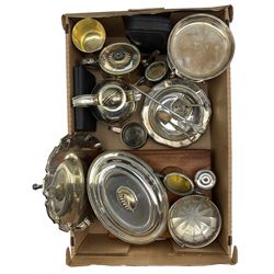 Quantity of silver plate to include Guernsey jug, Sheffield plate mug, canteen of cutlery, salver etc. in one box