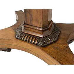 William IV rosewood card table, rectangular swivel and fold-over top with lined interior, the frieze with applied beaded edge, square chamfered and tapered column on shaped platform with gadroon and acanthus leaf carved frame, raised on scroll carved feet