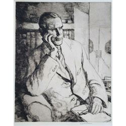 Malcolm Osborne (British 1880-1963): Portrait of Dr Robert Spence FRS (1905-1976), drypoint etching signed in pencil 36cm x 29cm (unframed) 
Notes: Robert Spence, born South Shields 7th October 1905, an acclaimed army scientist and leading researcher in atomic weaponry, would later turn his skills to the successful development of nuclear power, becoming Deputy Director of the Atomic Energy Research Establishment at Harwell, Oxfordshire. 
Please note the photograph of Spence is not included in the lot and is shown for reference only.