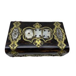 Victorian coromandel playing card box, the hinged lid with applied brass strapwork and three mother of pearl cards, 