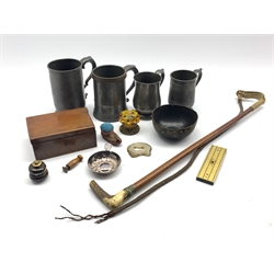  19th century pewter tankards, 19th century papier-mache bowl, mahogany box, Cloisonne salt and pepper, amber glass door handle, Victorian antler handled riding crop, desk seal and miscellanea  
