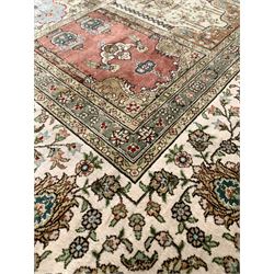 Persian Lalezar design silk prayer ground rug, with repeating mihrab panels, and floral design to border 170cm x 250cm