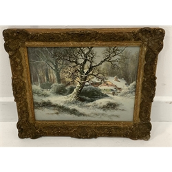 W Stone winter landscape with figures outside a cottage, oil on board, 23cm x 29cm