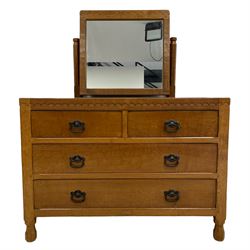 'Oakleafman' oak dressing chest, raised swing mirror on octagonal supports, rectangular adzed top over two short and two long drawers, by David Langstaff of Easingwold