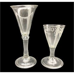18th century wine glass with rounded funnel shape bowl, plain stem with ball knop on a folded foot H15cm and another with etched bowl and folded foot