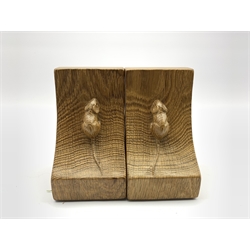 Pair of Thompson of Kilburn 'Mouseman' adzed oak bookends with carved mouse signature to each end H16cm