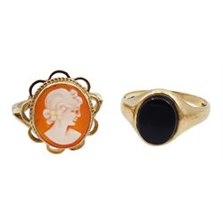 Gold cameo ring and a gold onyx signet ring, both hallmarked 9ct, gilt necklace and a gilt ring