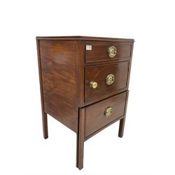 Georgian mahogany night commode, the tray top over cock beaded drawer, cupboard and sliding pot stand with boxwood string inlay, raised on square section supports W52cm