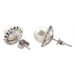 Pair of 9ct white gold cultured pearl and diamond cluster stud earrings