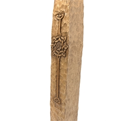 Yorkshire oak standard lamp, square tapered and adzed column on rustic square chamfered base, carved with floral decoration and acorn signature