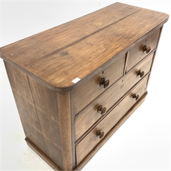 Victorian mahogany chest fitted with two short and two long drawers, with rounded corners, turned handles and plinth base, W120cm, H89cm, D51cm