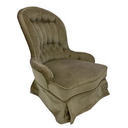 Victorian nursing chair, upholstered in green buttoned back fabric, raised on turned supports and terminating in brass castors 