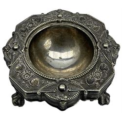 Early 19th century silver salt, white metal salt with Victorian registration mark and silver oval shallow dish with scroll handles London 1943
