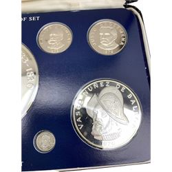 Republic of Panama proof nine coin set, dated 1976, from one centesimos to sterling silver twenty balboas coin, produced by The Franklin Mint, cased with certificate 