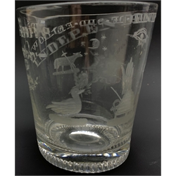 Mid 19th Century Masonic glass tumbler engraved with Masonic symbols and inscribed 'Ts and Anne Gregory' and 'Independent Order of Oddfellows' indistinctly dated H10cm and an 18th Century green glass bottle
