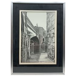 Stuart Walton (Northern British 1933-): View of Lendal Bridge York from Dame Judi Dench Walk, pencil signed and dated '78, 46cm x 30cm