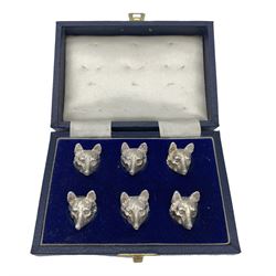 Set of six cast silver menu holders formed as fox heads, cased, Birmingham 1972 Maker A Edward Jones