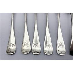 Five late Victorian silver table forks engraved with a monogram Sheffield 1896 Maker Cooper Bros. three silver dessert spoons Sheffield 1918/19 and two other dessert spoons 18.8oz 