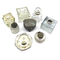 Victorian and later glass inkwells together with a glass and silver-plated match striker vase and silver-plated casket