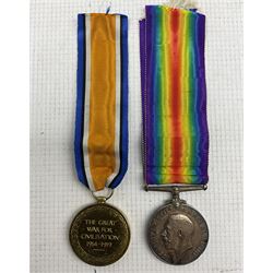World War 1 medal pair comprising war and victory medals, to '37.13 PTE.J.W.HITCHON. C.A.S.C.'