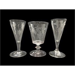 Early 19th century ale glass with bucket shape etched bowl on cushion knop stem, 19th century glass with drawn funnel shape bowl with etched decoration and on folded foot and another similar (3)