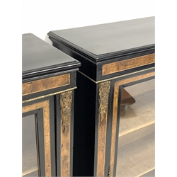 Pair Victorian ebonised and figured walnut pier display cabinet, glazed door enclosing shelves, floral cast gilt metal mounts and beading, on turned feet, W74cm, H104cm, D31cm