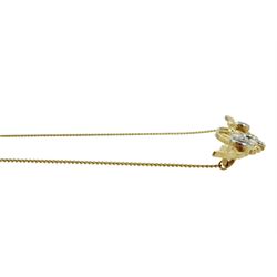 18ct gold diamond open work design flower necklace, three round brilliant cut diamonds set in white gold, hallmarked, with 9ct gold clasp stamped 375