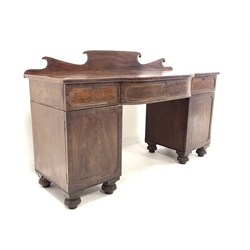  William IV mahogany break bow front sideboard, with raised back over three drawers and two panelled cupboards enclosing shelf and drawer, W184cm, H114cm, D71cm  