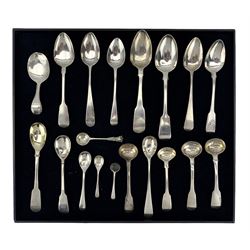 Collection of silver tea and condiment spoons including early 19th century Irish silver tea spoon marked 'Sterling JP' possibly for John Power, pair of salt spoons London 1820 Maker William Eaton, Edinburgh and other mustard spoons etc 