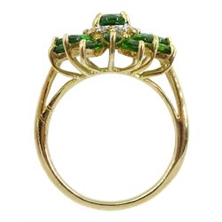 9ct gold marquise and oval green stone and diamond chip ring, hallmarked