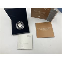 Four The Royal Mint United Kingdom 2020 'The Tower of London Coin Collection' silver proof piedfort five pound coins, comprising 'The Infamous Prison', 'The White Tower', 'The Royal Mint', and 'The Royal Menagerie', all cased with certificates (4)