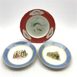  Royal Crown Derby Cabinet plate hand painted with fish by C. Gresley and a pair of Victorian 'Welsh Costumes' plates retailed by H. Mitchell, Castle St. Swansea (3)  