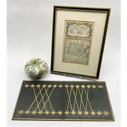Owen Bowen - 18th century hand coloured map of the road from Kings Lyn to Norwich 19cm x 12cm, folding leather games board inscribed 'Enter' and 'Off', and a 19th century Cantonese pumpkin shape box and cover D10cm