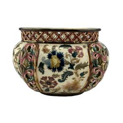 Zsolnay Pecs jardiniere of lobed form with reticulated neck and floral painted decoration, L20cm