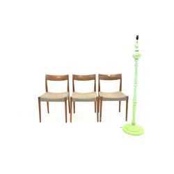 Troeds - Set of three mid century teak dining chairs, with upholstered seats raised on square tapered supports (W47cm) together with a 1960's green painted aluminium standard lamp (H140cm)