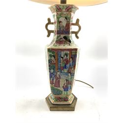 19th century Chinese Canton Famille Rose vase of hexagonal form, enamelled with figures, flowers and insects, converted to electric, H32cm excluding shade 