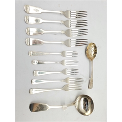 Four late Victorian silver fiddle pattern dessert forks Sheffield 1894 Maker Joseph Round, William IV silver sauce ladle London 1836, silver preserve spoon and five various silver dessert forks 12oz