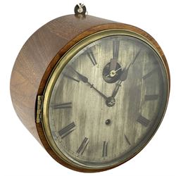 English – single train 19th century 8-day fusee wall clock in a circular wooden case, with an 8” silvered dial, Roman numerals, minute track, steel spade hands and visible English lever balance escapement, dial pinned to a chain driven four pillar timepiece fusee movement, with a cast brass bezel and flat bevelled glass.
