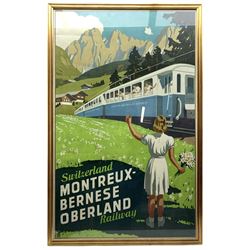 After Otto Baumberger (Swiss 1889-1960): 'Switzerland Montreux-Bernese Oberland Railway', original colour lithograph vintage Art Deco advertising poster pub. Fiedler S.A. La Chaux-de-Fonds 1940s, 101cm x 64cm