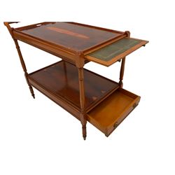 Regency design yew wood two tier drinks trolley, fitted with drinks slide, raised on ring turned supports on castors