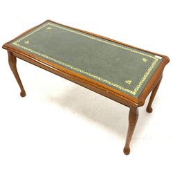 Late 20th century coffee table, tooled green leather and plate glass inset top over leaf carved cabriole supports W95cm, D46cmm, H46cm