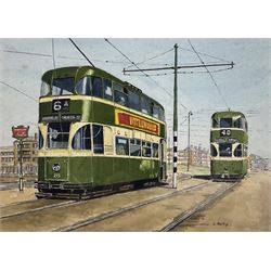 L Bailey (British 20th century): Liverpool Trams, watercolour signed 20cm x 28cm