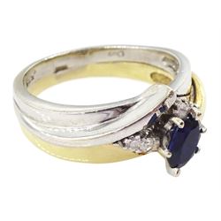 14ct white and yellow gold oval cut sapphire and cubic zirconia ring, stamped 585