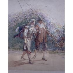 W Field (British 19th century): Isaak Walton and Fellow Fisherman, watercolour signed and dated 1899, 30cm x 24cm