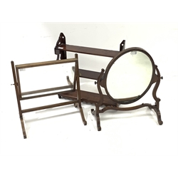 Mid 19th century toilet swing mirror, with original oval mirror raised on serpentine supports (W47cm) together with another swing mirror (W49m) and a mahogany three tier wall shelf 
