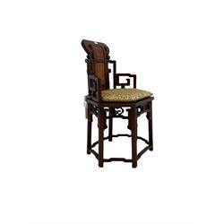 Chinese rosewood corner chair, with pierced back and burr wood panels, raised on squared supports united by stretchers 