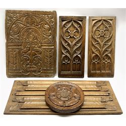 Pair of 19th Century oak panels carved with a floral design 39cm x 17cm, an oak linenfold panel 59cm x 26cm and two other panels