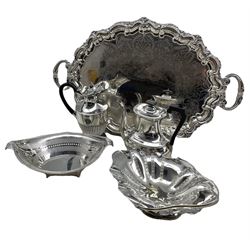 Silver plated engraved oval two handled tray L66cm, plated fruit dish, cake basket, coffee pot and hot water jug