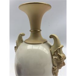 Early 20th century Royal Worcester blush ivory vase by H. A. Stinton, ovoid form with twin satyr mask handles and flared neck, hand painted with Pheasants in a highland landscape, signed H. A. Stinton, upon square foot, puce printed marks beneath including shape number 1716 and date code for 1911, H21cm
